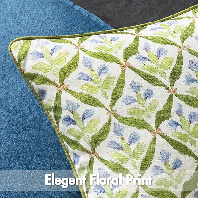 MIULEE Outdoor Floral Pillow Covers Waterproof 20x20 Green | Decorative Block Print,Boho Farmhouse, Set of 2 Coastal Summer Cushion Covers with Piping,Garden Patio Furniture Porch Couch