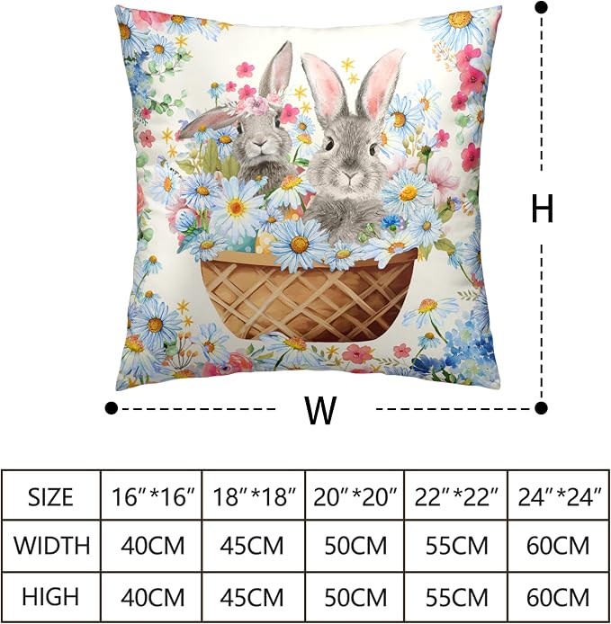 Easter Bunny Pillow Covers 24x24 Spring Rabbit Daisy Floral Throw Pillow Covers A Basket Filled with Lovely Bunny and Flowers Pillowcase Cushion Case for Sofa Patio Garden 2 Pack