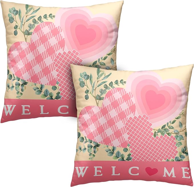 Spring Pillow Covers 18x18 Set of 2 Pink Heart Throw Pillow Covers Hearts with Eucalyptus Decorative Pillow Case Cushion Case for Couch Sofa