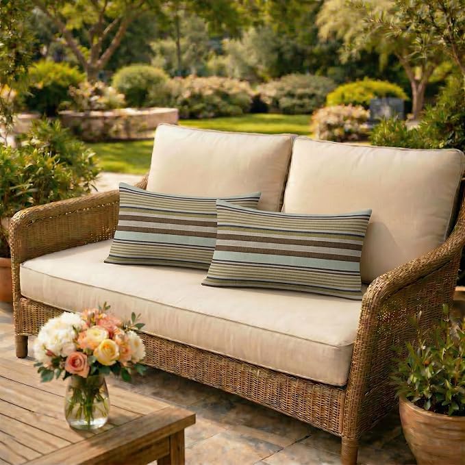RSH DECOR: Lumbar Throw Pillows Set of 2 | 20" x 12" | Water and Fade-Resistant Performance Fabric | Outdoor Pillow Covers with Down-Alternative Inserts | Made in USA (Extend Seaglass)