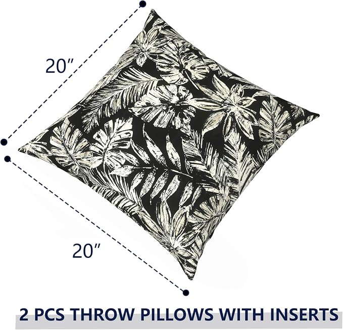 Outdoor Pillows with Insert 20x20 Inch, Waterproof Throw Pillow for Patio Furniture, Decorative Back Cushion for Garden Home Sofa Office Chair, Set of 2, Tropical Leaf Black