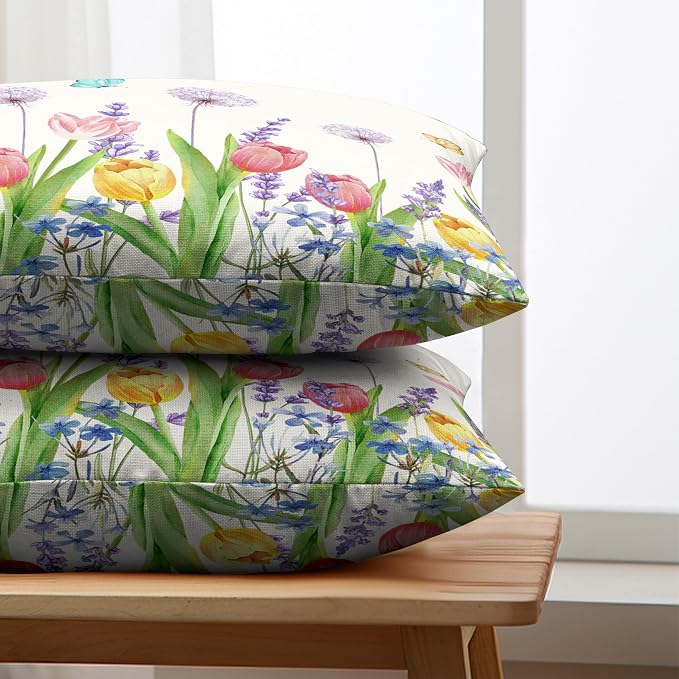 Spring Summer Floral Rectangle Pillow Case 12x20 Pink Tulip Lumbar Throw Pillow Covers Flowers with Butterflies Decorative Waist Pillowcase Set of 2 for Bed Couch Sofa