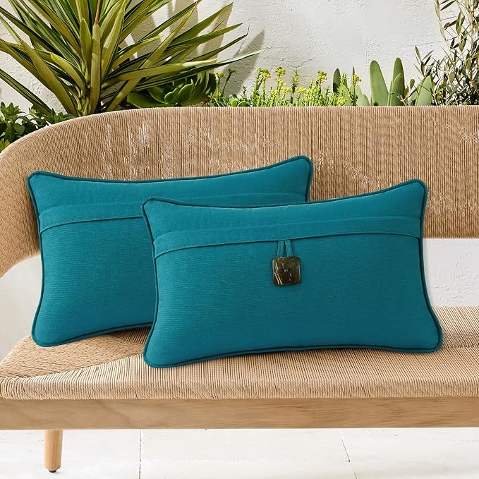 Outdoor Sunbrella Decorative Pillows with Coconut Button Pack of 4, 20" x 12" Outdoor Pillow Set for Couch Bed Throw Patio Sofa, Spectrum Peacock