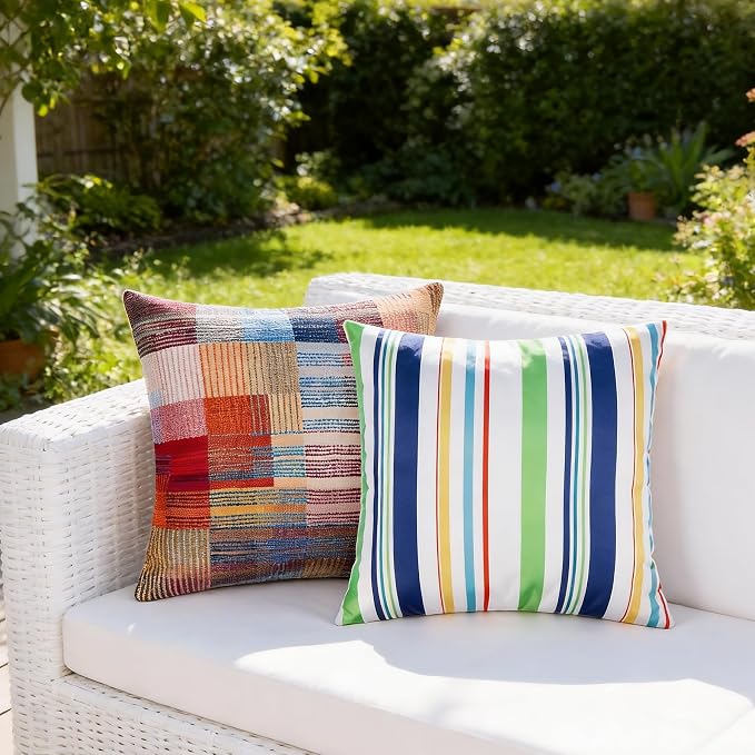 Adabana Patio Striped Outdoor Pillow Covers Waterproof Set of 2, 18"x18" | Colorful Decor, Green Outdoor Pillows for Patio Furniture Garden Porch