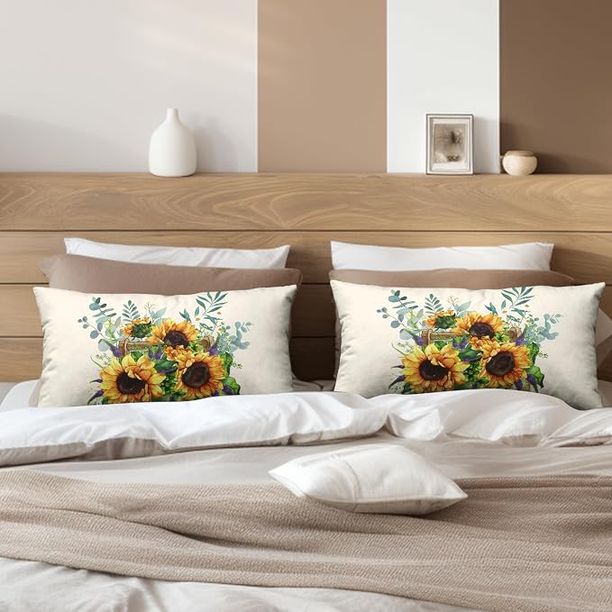 Sunflower Lumbar Pillow Covers Set of 2 Spring Summer Floral Rectangle Throw Pillow Covers 12x20 Flower Decorative Waist Pillowcase for Farmhouse Couch Outdoor