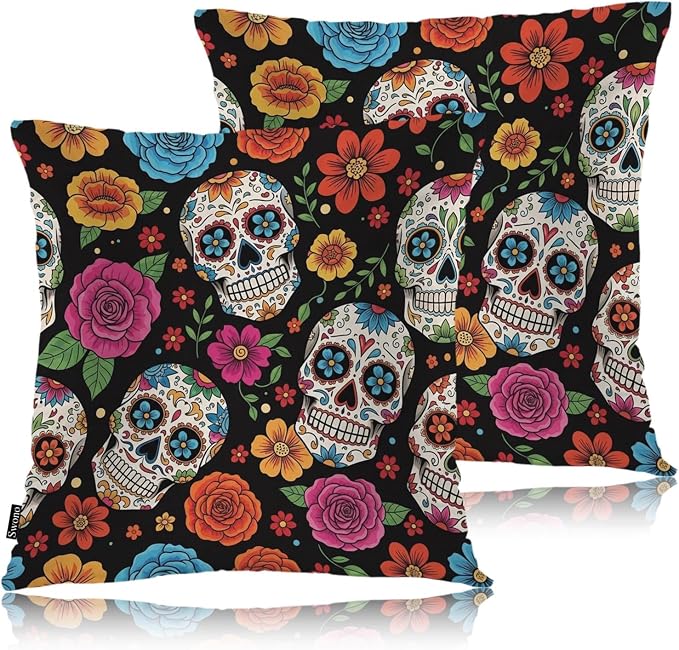 Swono Day of The Dead Throw Pillow Covers, Mexican Sugar Skulls Flowers Skeleton Set of 2 Pillow Cases Decorative 18 X 18 Inches Soft Cushion Cover Pillowcases for Bedroom Living Room Cushion Sofa