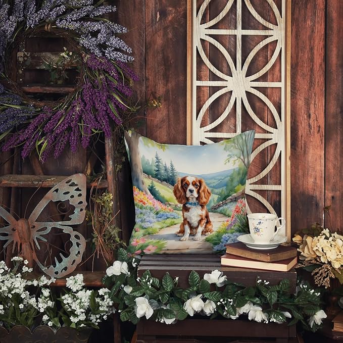 Caroline's Treasures Cavalier Spaniel Spring Path Throw Pillow Machine Washable, Indoor Outdoor Decorative Pillow for Couch, Bed or Patio, 18Hx18W
