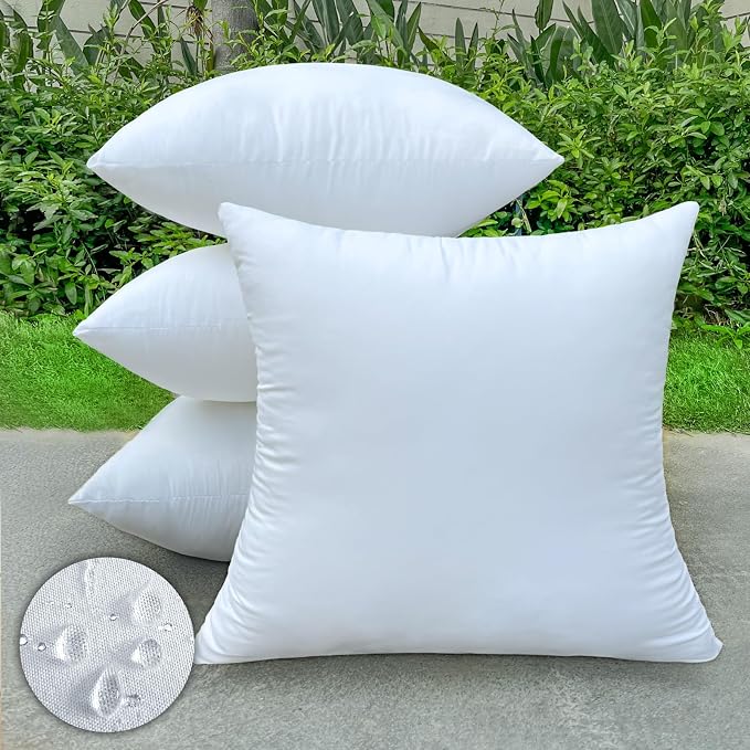 4 Pack Pillow Inserts Waterproof Outdoor 18x18 inch White | Waterproof protection.Hypoallergenic & washable. Stays plump and supportive.Ideal for indoor/outdoor use on couch or patio.