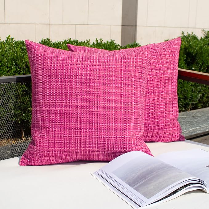 Kevin Textile Outdoor Waterproof 22x22 Inch Pillow Covers 2 Pack, Hot Pink | Water Resistant, Faux Linen Yarn-dyed, Woven Texture Throw Pillow Covers for Tent Patio Garden Couch Sofa