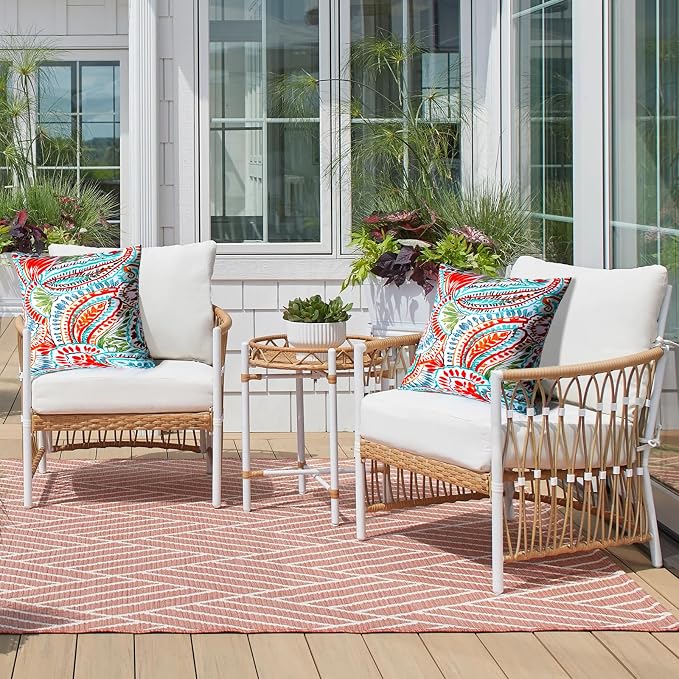 2 Pack Waterproof Outdoor Pillows, 18x18 Outdoor Throw Pillows | Patio Furniture Pillows, Fluffy Decorative Pillows, Waterproof &Fade Resistant, Removable & Washable, Paisley Multi Red