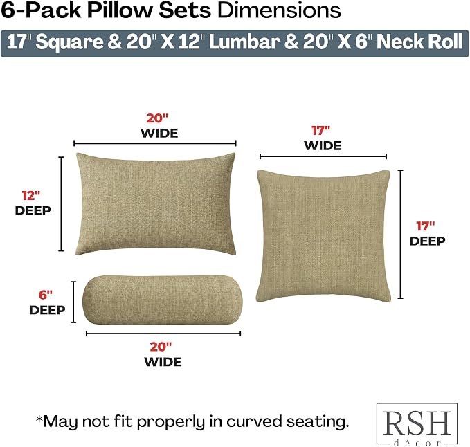 RSH DECOR: 6-Pack Pillow Set | Sunbrella Performance Fabric |Water & Fade-Resistant| 17" Square, 20"x12" Lumbar, 20"x6" Neck Roll | Outdoor Pillows for Patio Furniture | Made in USA (Cast Tinsel)