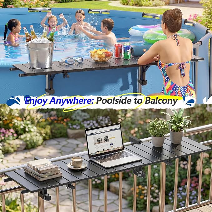 FUQUN Above Ground Pool Bar, 47" x 11.7" Heavy-Duty Matte Black Poolside Table, Stainless Steel Frame, Aluminum Tabletop, Fits 2-4" Top Rails & 22.8-48.4" Leg Spacing, for Round & Oval Frame Pools