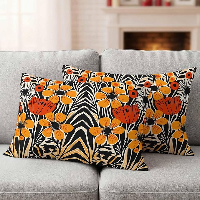 Orange Yellow Black Botanical Outdoor Pillow Covers 20x12 Inch Lumbar Pillow Covers Set of 2 Waterproof Decorative Throw Pillow Cases Modernism Spring Floral Cushion Covers for Patio Furniture Garden