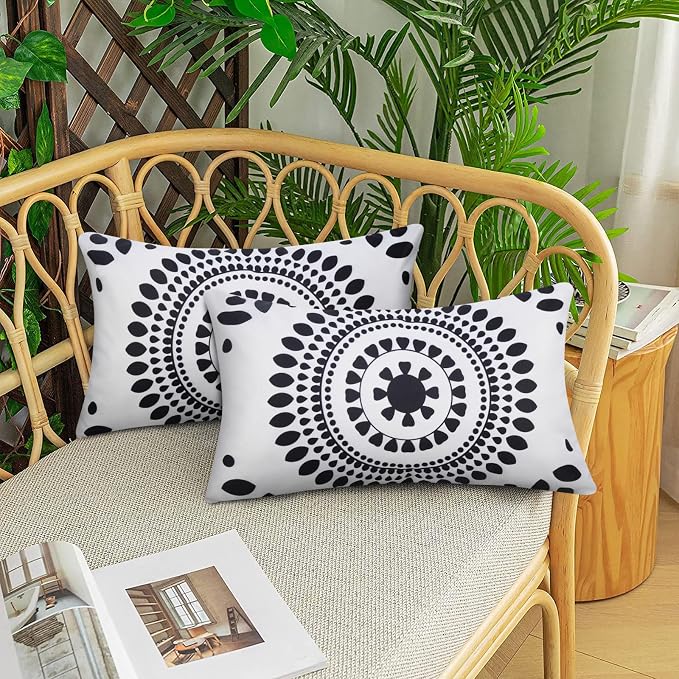 Merrycolor Set of 2 Outdoor Waterproof Throw Pillow Covers 12 * 20 Black and White Pillow Covers Floral Decorative Square Pillowcases Farmhouse Boho Outdoor Pillows for Patio Furniture