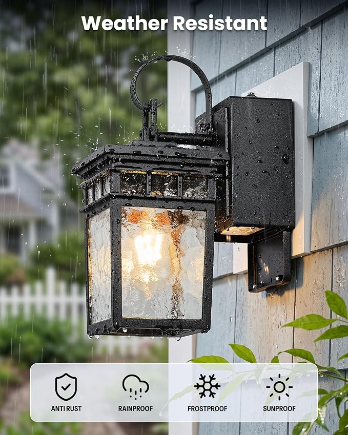 Gleamz Dusk to Dawn Outdoor Lighting with GFCI Outlet, Black Porch Lights Outdoor with Water-Ripple Glass, Anti-Rust Exterior Lights for House, Garage, Patio, Doorway, 100% Aluminum, Waterproof