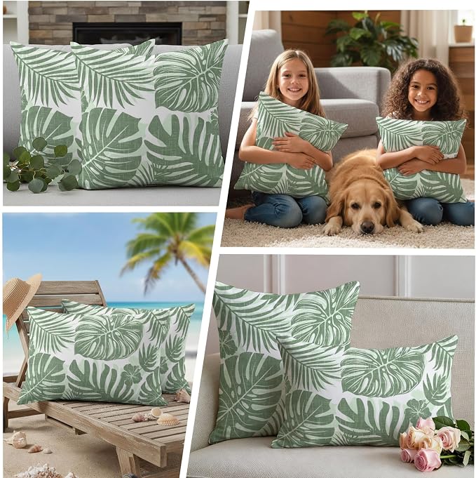 Green Palm Leaves Outdoor Pillow Covers 20"x20" Set of 2, Tropical Botanical Minimalist Modern Waterproof Throw Pillow Covers for Patio Furniture, Decorative Cushion Covers for Porch