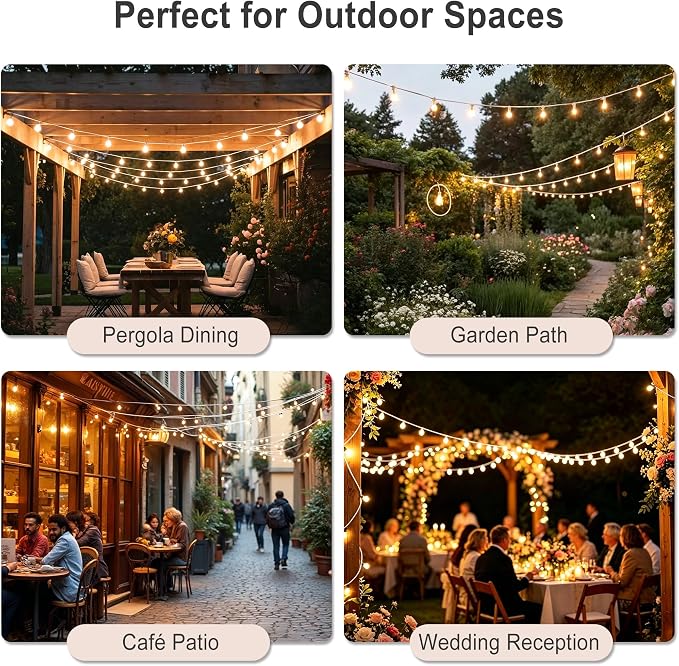 Outdoor-String-Lights with Remote 53FT Waterproof lights for Outside Patio | 12 inch Bulbs Apart,White Cord String Lights,Connectable Dimmable Patio Lights with Remote,Timer,3 Modes for Backyard, Bistro