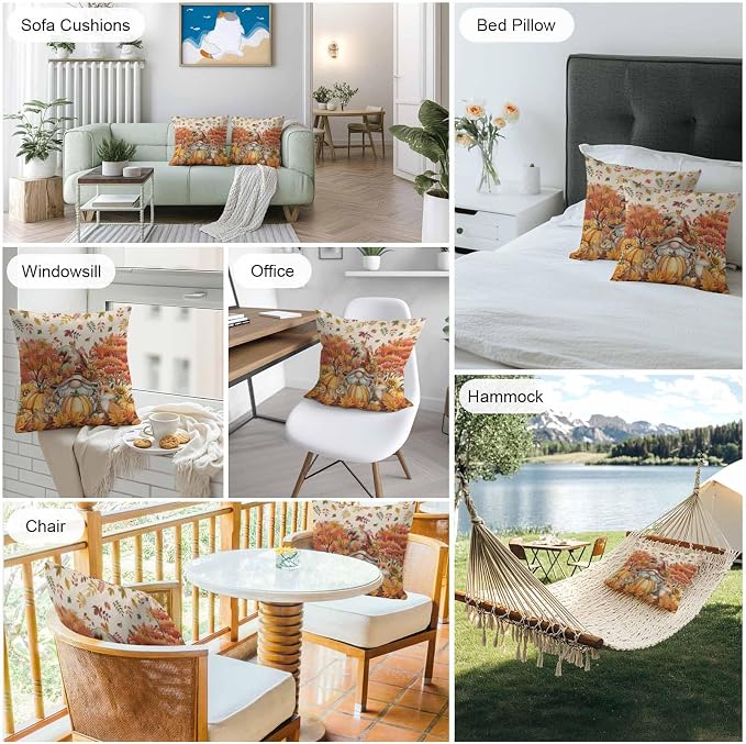 Fall Gnomes Pumpkin Outdoor Waterproof Pillow Covers, Maple Leaves Animal Country Vintage Decorative Square Throw Pillowcase Sofa Cushion Sham for Patio/Couch/Chair, 18"x18" 2 Pack