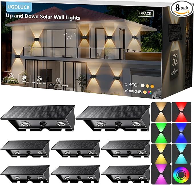 8PACK Solar Sconce Lights Outdoor,8 Lighting Modes Up and Down Solar Wall Lights Dusk to Dawn Lighting IP65 Waterproof Solar Lights Outdoor for House Exterior Front Porch Garage Fence Patio Yard