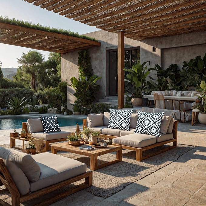 Outdoor Pillow Covers 2 Pack Patio Decorative Accent Throw Pillow Covers, Waterproof and Fade Resistant, Perfect for Summer Outdoors and Indoors, Geometric 18x18in Black and White