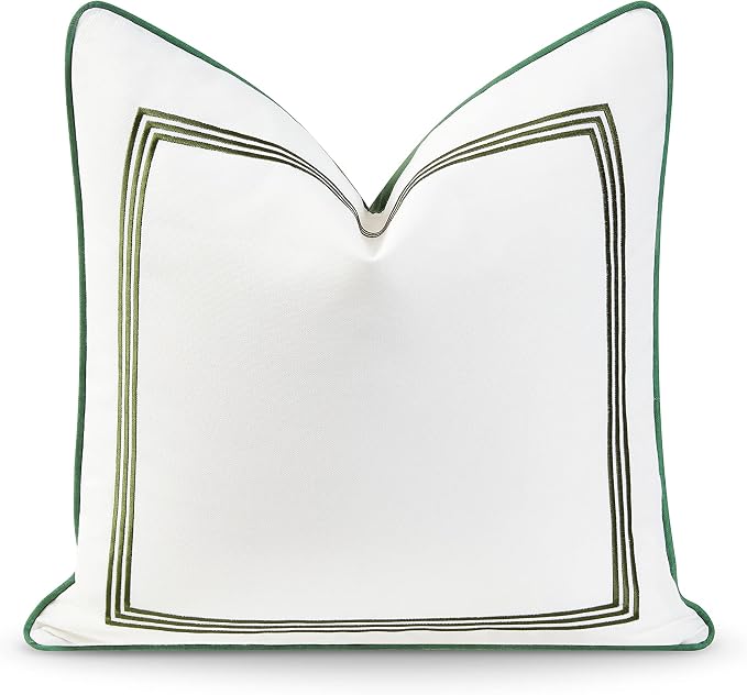 Hofdeco Premium Coastal Patio Indoor Outdoor Pillow Cover Only, 20"x20" Water Resistant for Backyard, Couch, Green Embroidered Square Line