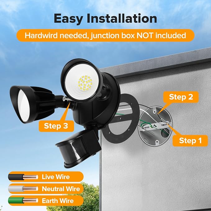 UME 2 Pack LED Security Light Motion Sensor Outdoor Lights, 27W 3500LM, 5000K, IP65 Waterproof, Dusk to Dawn, 2 Head Motion Detector Flood Light for Outside, Garage, Yard (Black)