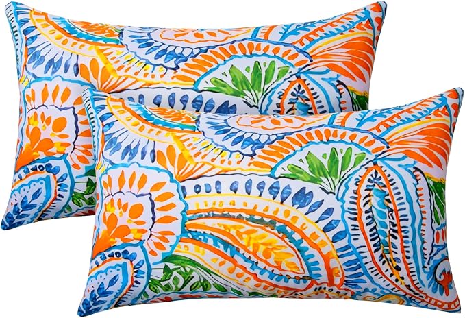 2 Pack Waterproof Outdoor Pillows, 12x20 Outdoor Lumbar Pillows | Patio Furniture Pillows, Decorative Throw Pillows, Waterproof &Fade Resistant, Removable & Washable, Paisley Multi Orange