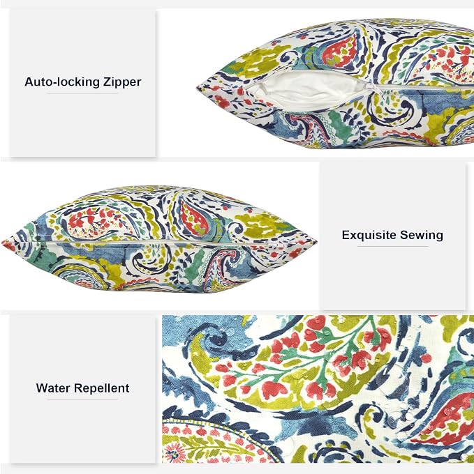 Outdoor Lumbar Pillows 12x20 Inch, Water Repellent Cushion Pillows, Outdoor Pillows with Inserts for Home Garden Pack of 2, Paradise Paisley