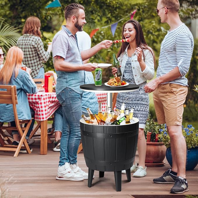 Outdoor Cooler Side Table,Height-Adjustable Cool Bar w/ 10 Gallon Beer and Wine Cooler, All-Weather Resistant Patio Ice Cool Bar for Deck Pool Party(Black)