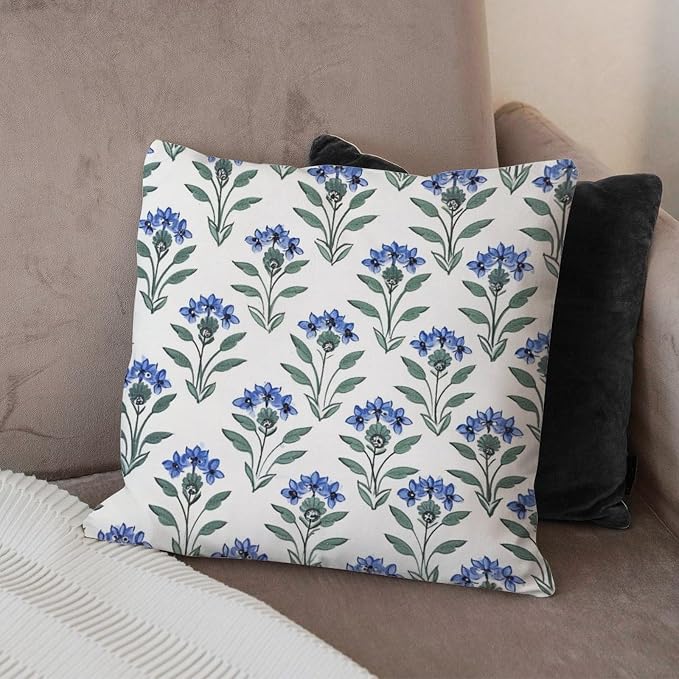 Cushion Cases Mughal Flower Throw Pillow Covers Farmhouse Blue Lotus Floral Pillow Cover Accent Outdoor Garden Decoration for Sofa Patio Couch 20x20 in