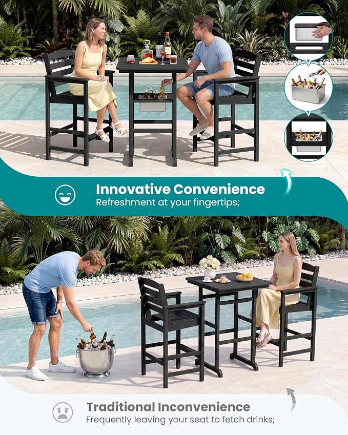 SERWALL Adirondack Bar Chairs and Table 3 Pieces Set with Umbrella, HDPE Bar Height Chairs Set of 2 and Bar Table with Ice Bucket, Outdoor Bar Stools Set for Balcony, Poolside, Backyard, Black