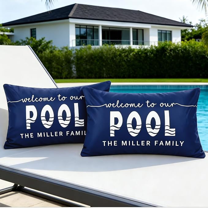 Waterproof Outdoor Pillow Covers 12x20 Inch Set of 2 | Welcome to Our Pool Navy Blue Outdoor Throw Pillow Covers, Summer Decorative Cushion Cases for Patio Garden Porch Sofa