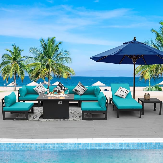 BULEXYARD 7 Seater Extra Large Modern Aluminum Outdoor Sofa with Lay Out Chair & Fire Pit Table, 500 lbs Durable Sectional Set for Heavy People, All Weather Comfy Patio Furniture Set for Garden, Teal