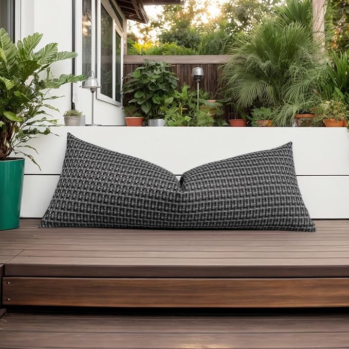 Kevin Textile Outdoor Waterproof 14"x36" Pillow Cover 1 Pack, Black | Water Resistant Weaving Faux Linen Texture Throw Pillow Covers, Outside Decorative Pillowcases for Garden Patio Balcony Couch