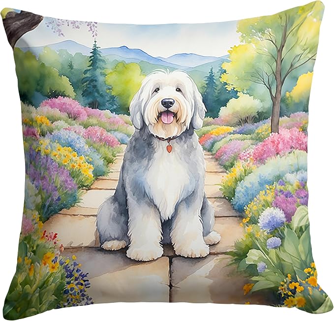 Caroline's Treasures Old English Sheepdog Spring Path Throw Pillow Machine Washable, Indoor Outdoor Decorative Pillow for Couch, Bed or Patio, 18Hx18W
