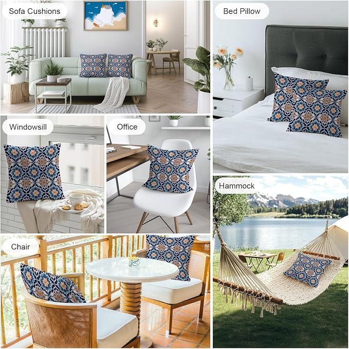 Orange Blue Outdoor Pillow Covers 20x20 Inch Throw Pillow Covers Set of 2 Waterproof Decorative Pillow Cases Morocco Boho Abstract Floral Ethnic Tribal Cushion Covers for Patio Furniture Garden Couch