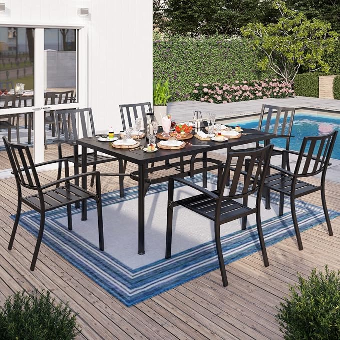 Sophia & William Patio Table and Chairs Set, Outdoor Dining Set for 6, 7 Piece Metal Patio Furniture, 64" Black Rectangular Table(Stripe)