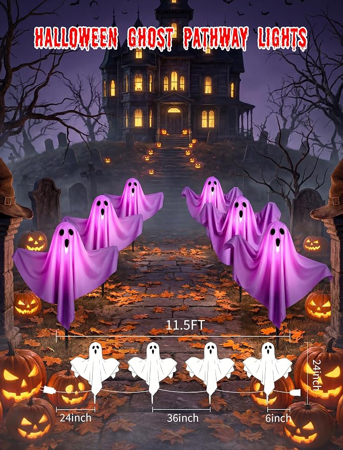 11.5FT Halloween Ghost Pathway Lights Outdoor, 4 Pack Purple Walkway lights | Shatterproof, Waterproof, Plug in and Hanging Ghost lights, Halloween Decorations Outdoor for Lawn Driveway Garden Yard Decor