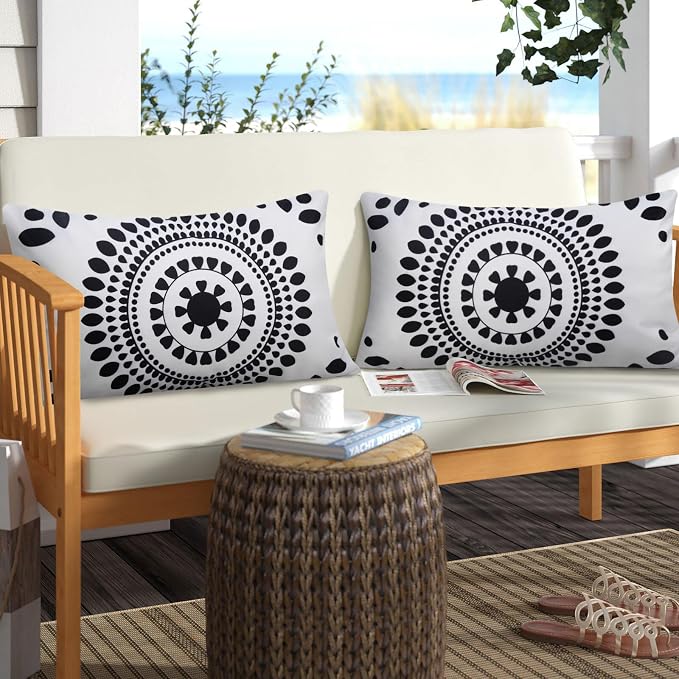 Merrycolor Set of 2 Outdoor Waterproof Throw Pillow Covers 12 * 20 Black and White Pillow Covers Floral Decorative Square Pillowcases Farmhouse Boho Outdoor Pillows for Patio Furniture