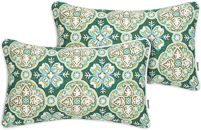 FUNHOME Outdoor Lumbar Pillow with Insert 12x20 Inch Pack of 2-Green Medal | Outdoor Pillows for Patio Furniture, Water-Repellent, Decorative Garden Pillows for Home Patio Coach Sofa Use