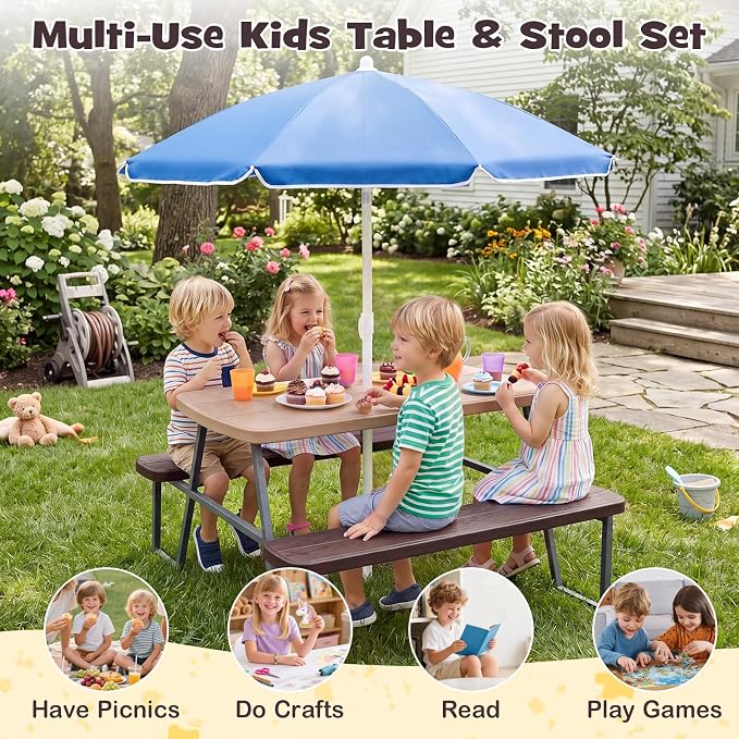 HONEY JOY Kids Picnic Table, 4 Person Toddler Outdoor Table and Chair Set, Built-in Benches, Removable Umbrella, Metal Frame & HDPE Top, Children Outdoor Furniture for Backyard Patio Garden (Coffee)