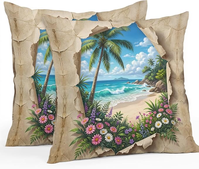 Tropical Floral Botanical Outdoor Pillow Covers 18x18 Inch Throw Pillow Covers Set of 2 Waterproof Decorative Pillow Cases Palm Tree Summer Beach Cushion Covers for Patio Furniture Garden Couch Sofa