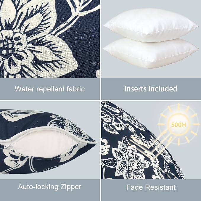 LVTXIII Outdoor/Indoor Throw Pillows, Decorative Patio Accent Pillows, Fluffy Water Repellent Garden Cushions for Home Patio Coach Sofa Use, 20×20 Inch, Pack of 2, Elegant Vines Navy