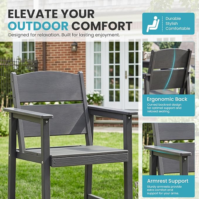 Outdoor Bar Table Set 3 Piece, HDPE Patio Bar Height Furniture Set with 2 Chairs, Small Space Patio Furniture, Weather Resistant Balcony Bistro Set for Garden, Deck, Porch, Premium Grey
