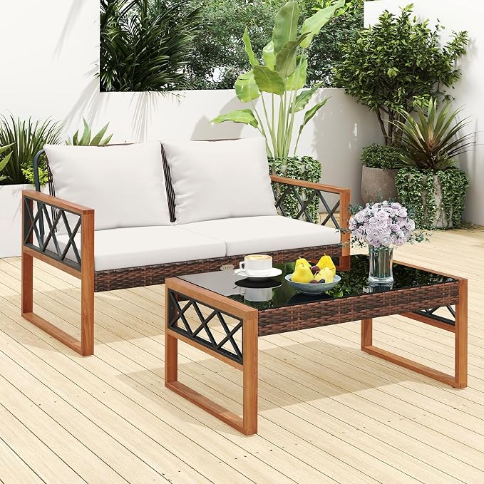 Tangkula 2 Pieces Outdoor Acacia Wood Loveseat and Table Set, Heavy Duty Patio Conversation Set for Porch, Deck and Backyard