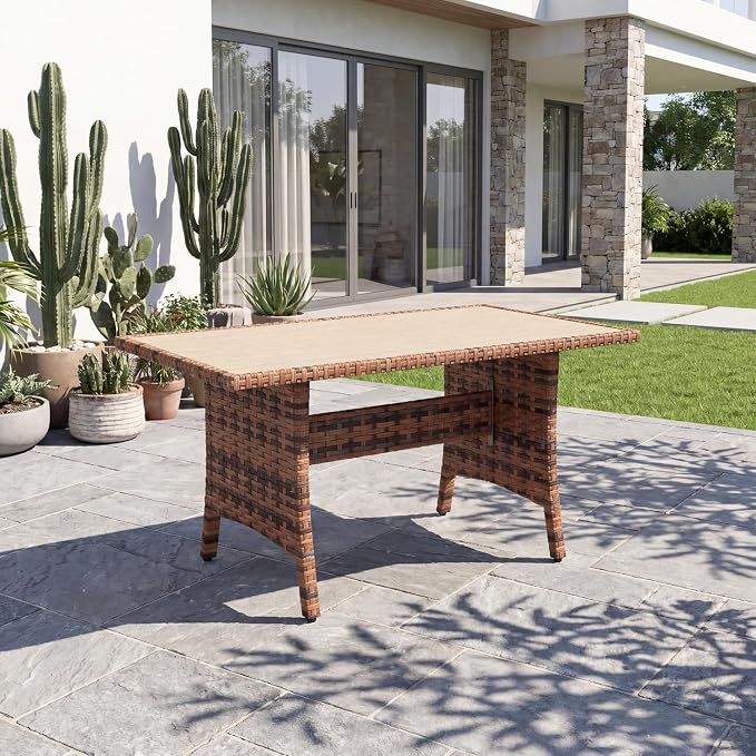 MELLCOM Wicker Outdoor Dining Table, Rectangular Metal Frame Garden Table for Garden, Lawn, Patio