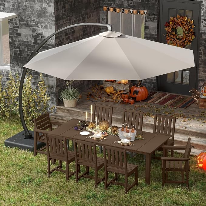 HDPE 9-Piece Outdoor Dining Set with 11FT Umbrella, Brown | All-Weather Patio Table and Chairs, Fade-Resistant Patio Furniture Dining Set for Lawn, Garden, Deck, Backyard, Poolside