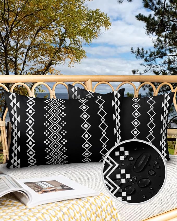 Outdoor Waterproof Throw Pillows 12x20in, Traditional Tribal White Diamond Patio Pillows Pack of 2, Decorative Pillow Covers with Insert, Pillow Cushion Case for Garden Boho Geometric on Black