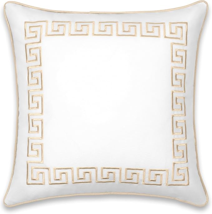 Hofdeco Premium Coastal Patio Indoor Outdoor Throw Pillow Cover Only, 20"x20" Water Repellent for Backyard, Couch, Neutral Tan Embroidered Greek Key with Piping