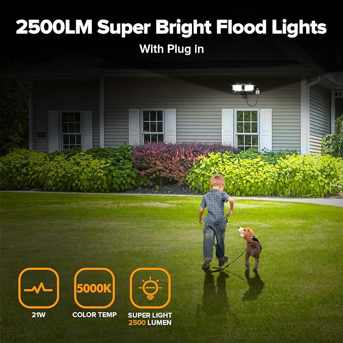 LUTEC 2 Pack 21W Plug in Motion Sensor Light Outdoor, Flood Lights Outdoor Motion Sensor,2500LM, 5000K Daylight,IP65 Waterproof,Adjustable 2 Heads Wall Light for Garage, Porch, Yard - Black